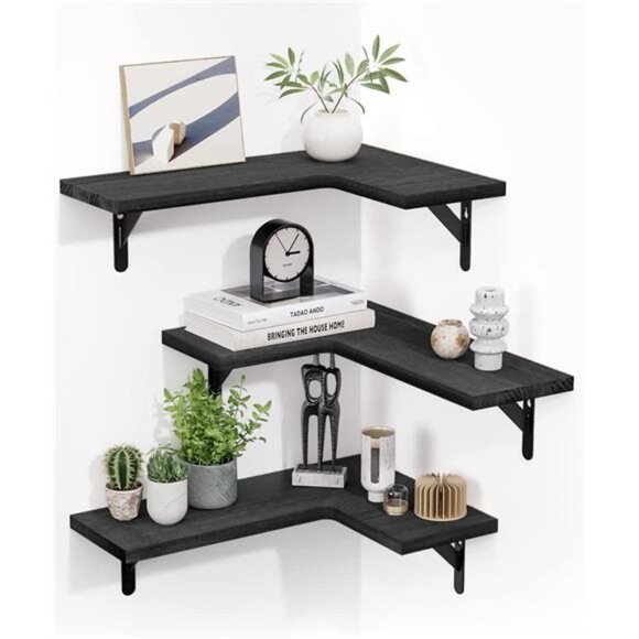 Corner Shelves Wall Mounted Set of 3, Rustic Wood Wall Shelves for Bedroom - Picture 1 of 6